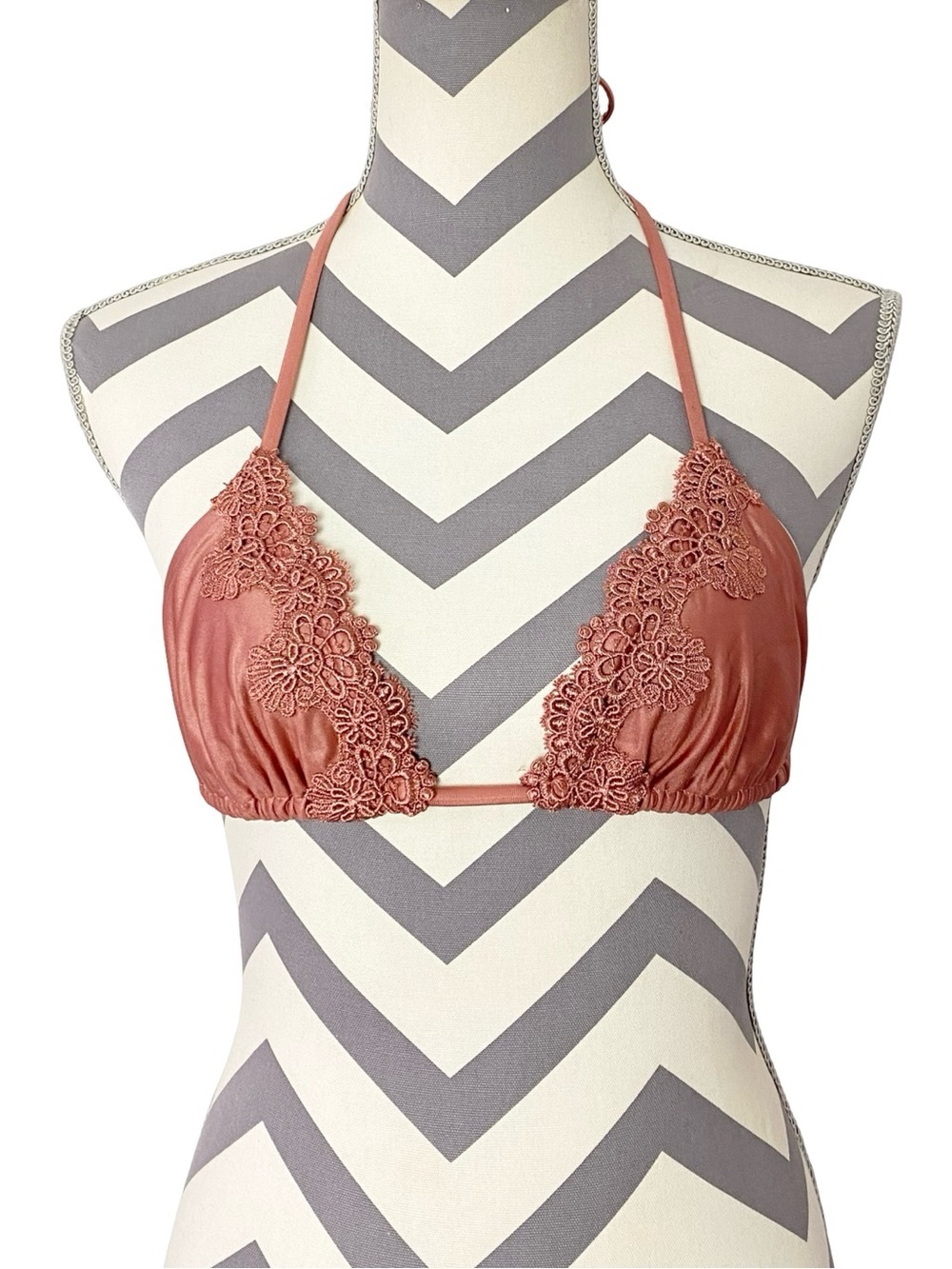 Blue Life Swim Bikini Top Women Size Small Lace Trim Triangle Tie Peach Rose Tan